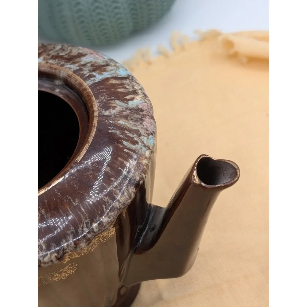 Vintage Mid Century Modern Drip Glaze Teapot Brown Ribbed Ceramic Tea Pot Japan